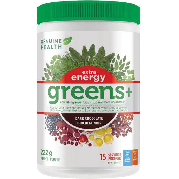 Genuine Health Greens+ Extra Energy - Dark Chocolate 22g (15 servings) Supply